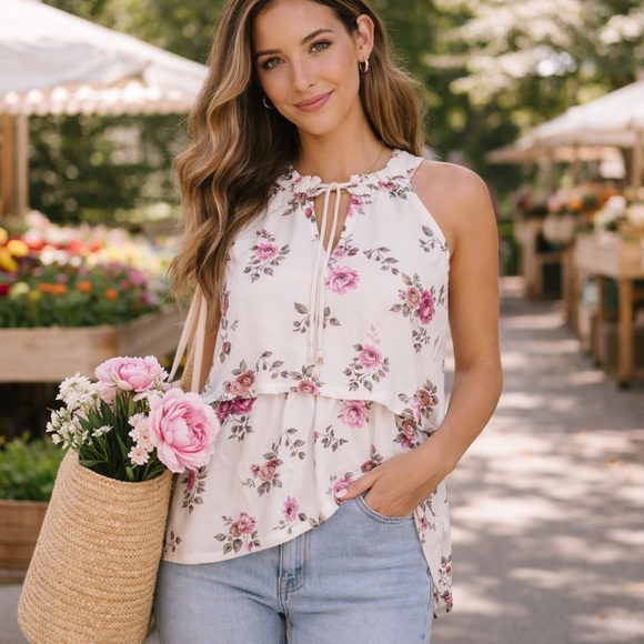 White House Black Market Sleeveless Sheer Layered Floral Halter Blouse Size M - Picture 1 of 9